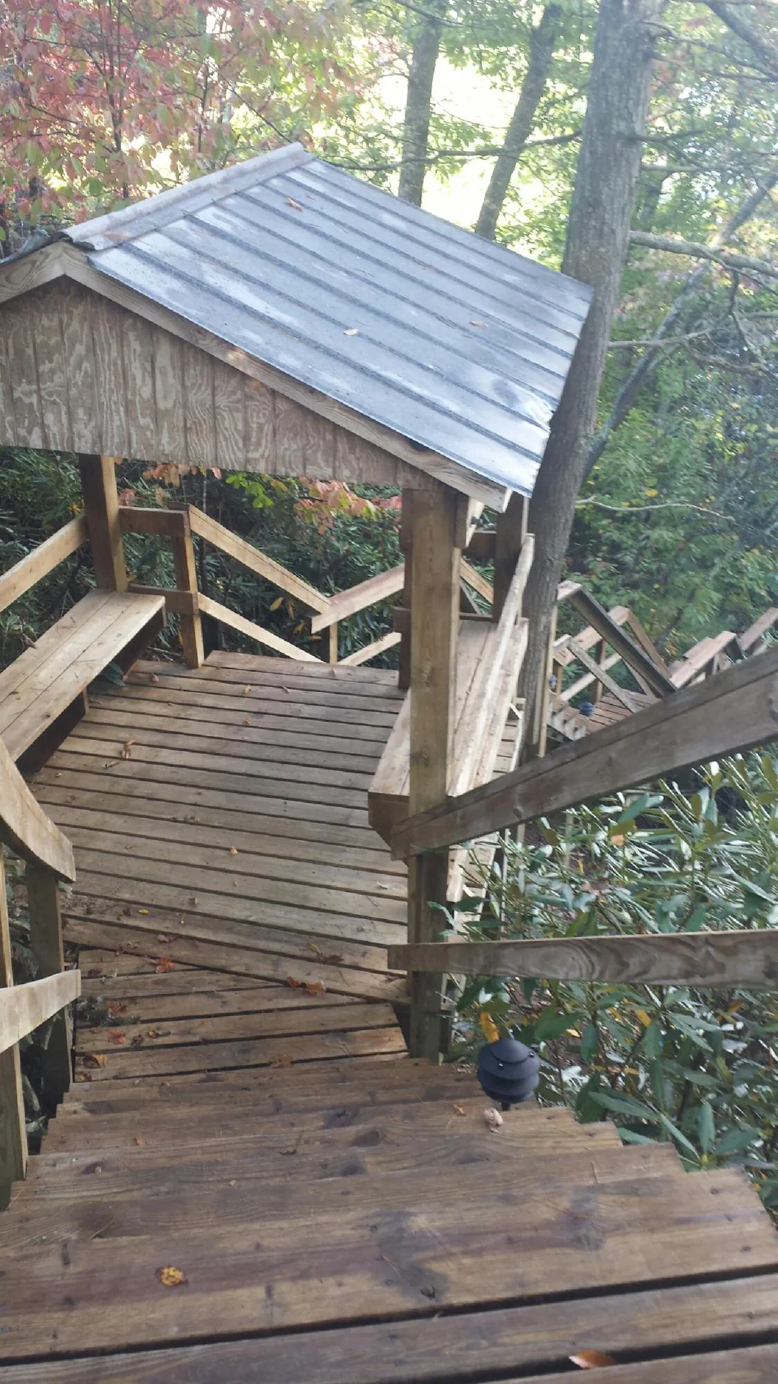 Metal roofed shelter over wooden steps on a wooded walkway — Skylight Repair & Installation work by our crew in Summit Lake